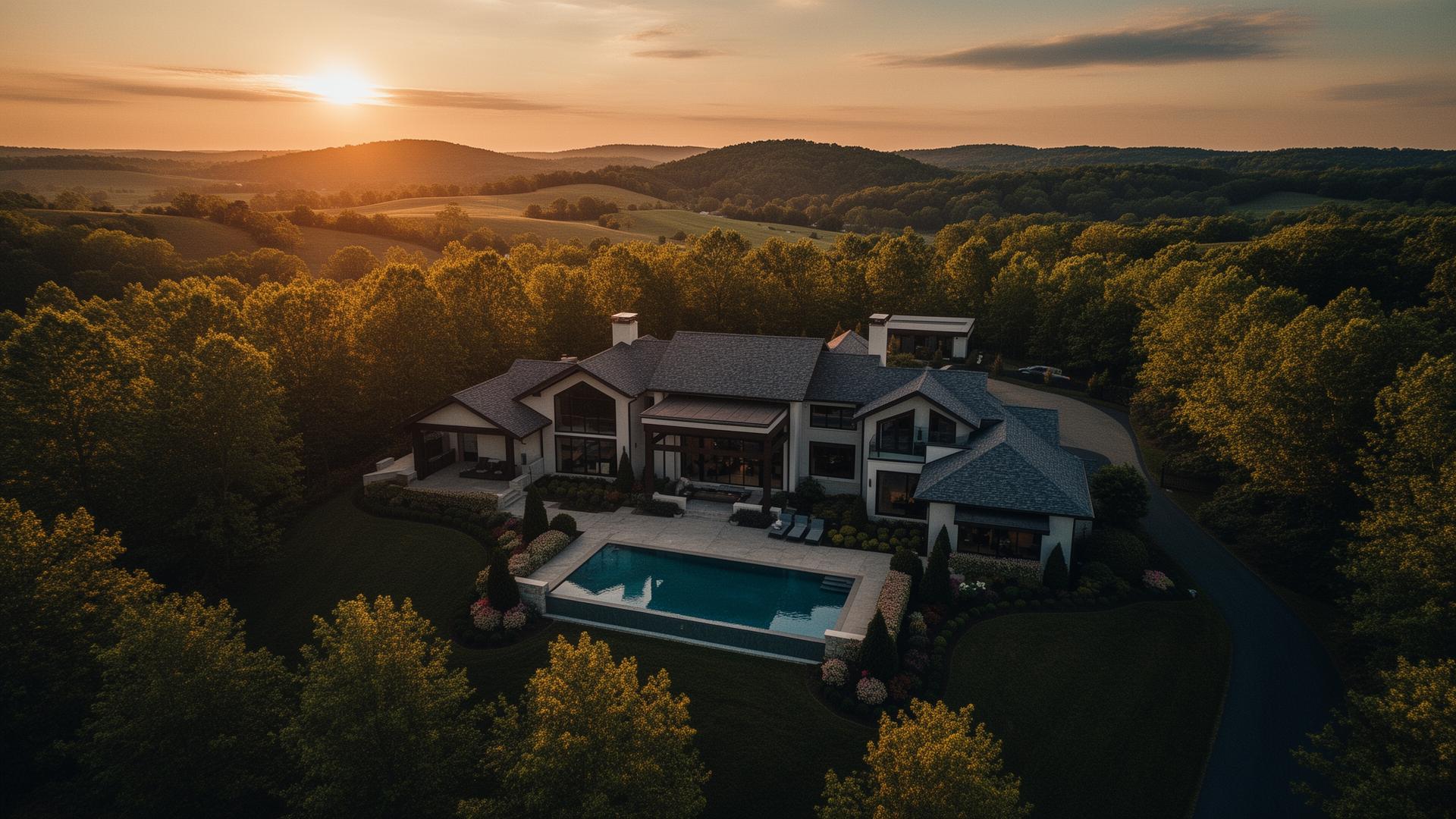 Aerial view of a luxury Nashville estate at golden hour